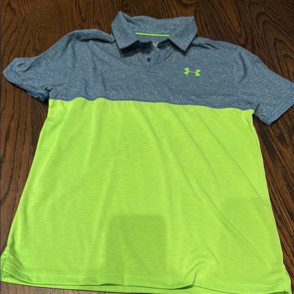 Under Armour kids Heather Blue and Neon Green performance Polo